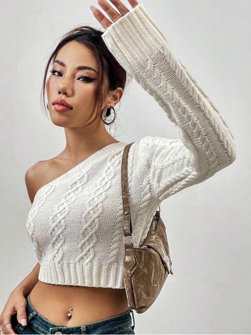 SHEIN Cream One-Shoulder Cable Knit Crop Sweater